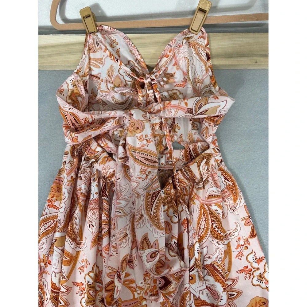 Boho Paisley Floral Halter Maxi Dress with Cutout‎ and Side Slit Orange Brown